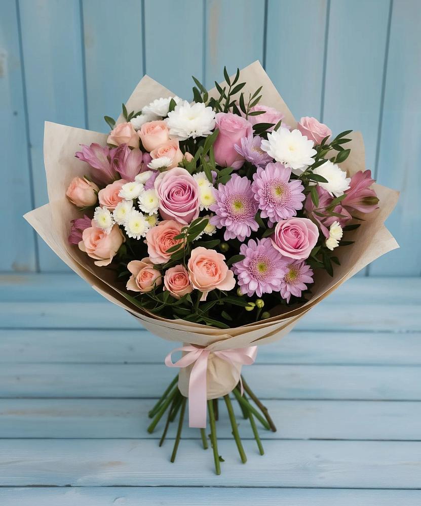 Букет цветов из: Хризантемы, Розы и Альстромерии в Ростовке