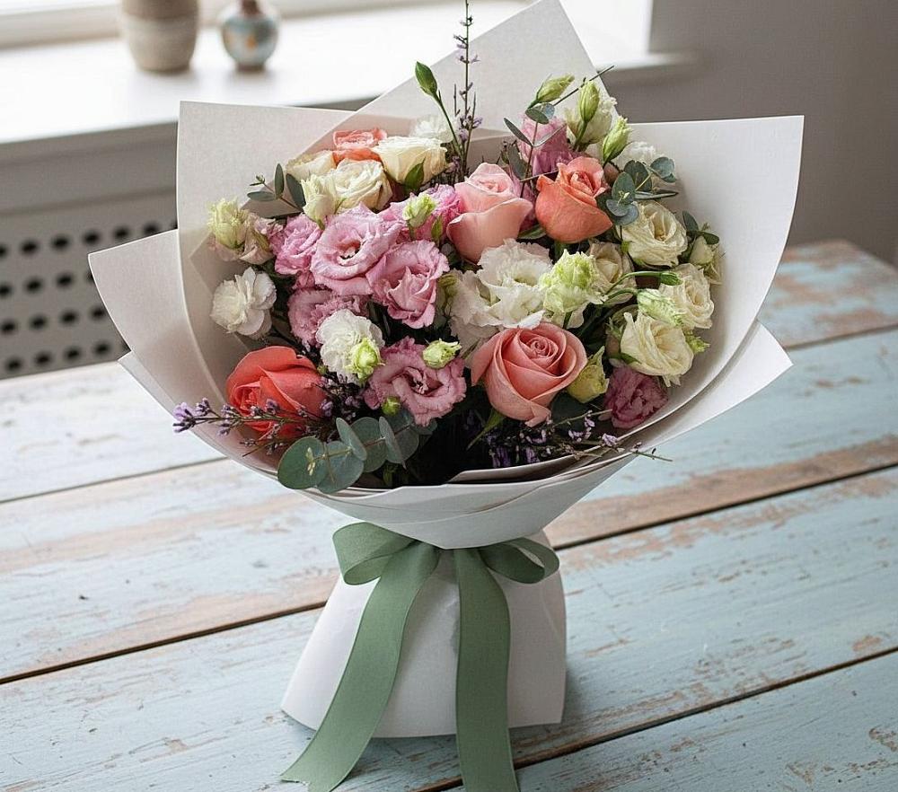 Букет цветов из: Розы, Лизиантусы и Гвоздики в Ростовке