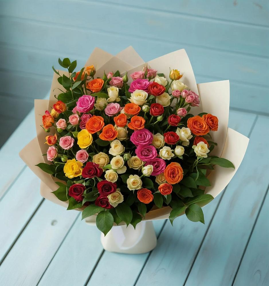 Букет Микс из разноцветных кустовых роз в Ростовке