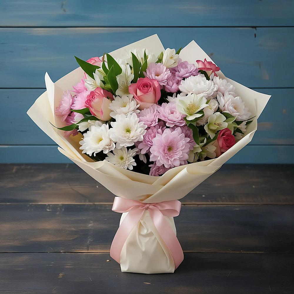 Букет цветов из: Хризантемы, Альстромерии и Розы в Ростовке